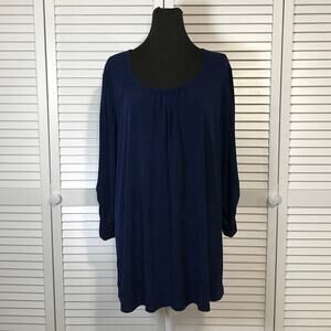 Susan Graver Navy Blue Liquid Knit ¾ Ruched Sleeve Tunic Blouse Women XL